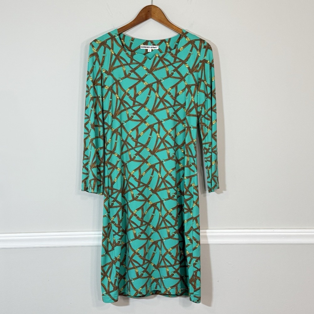 Barbara Gerwit Knit Shift Dress Womens Sz LG Equestrian Bridle Print Nylon Teal